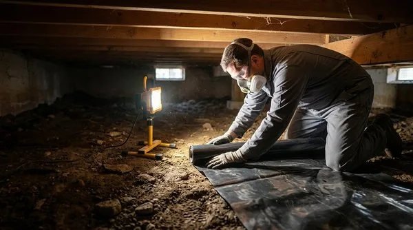 Insulation technician installing crawl space insulation and vapor barrier under a Placerville home in fall 2026.