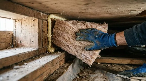 Close-up of crawl space insulation batt being installed between floor joists with air sealing foam at the rim joist.