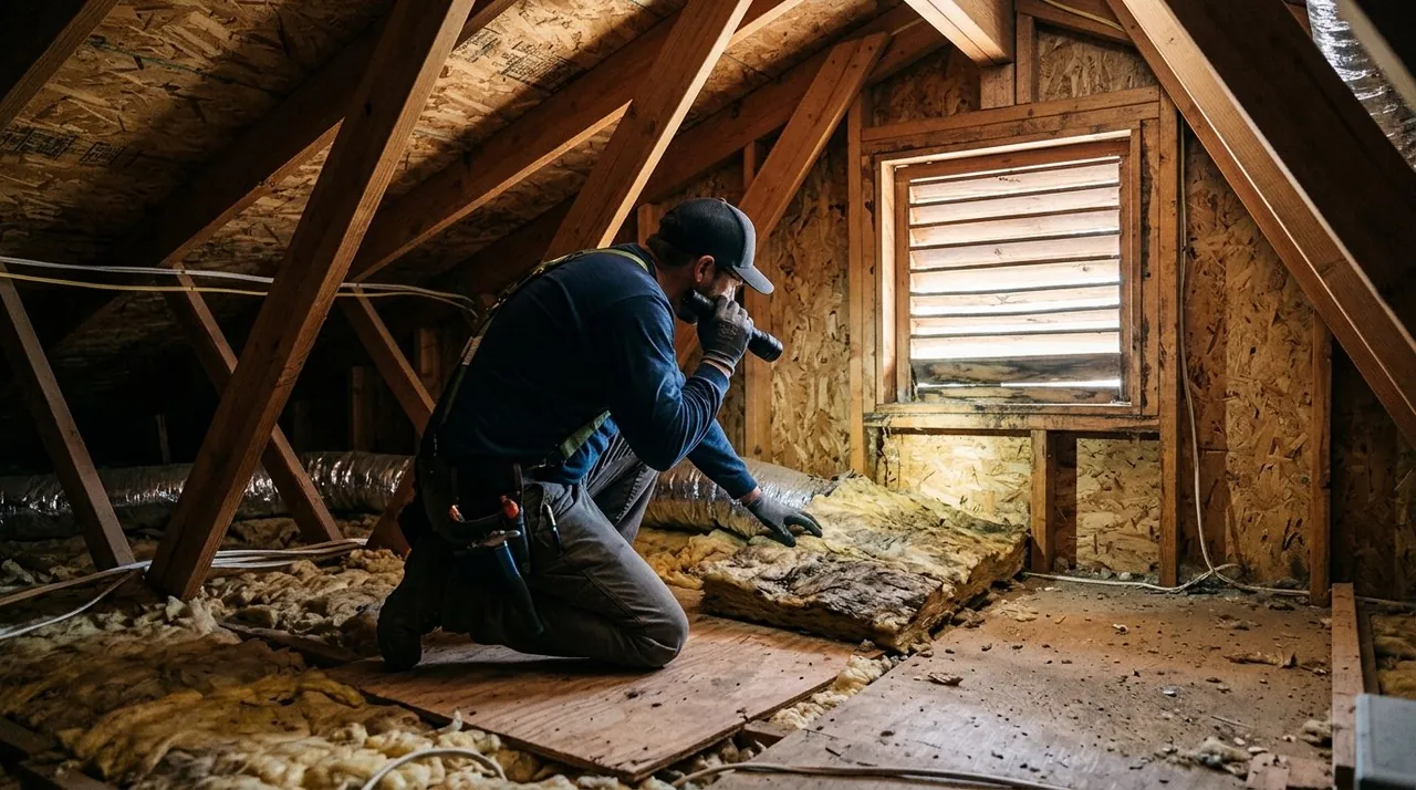 Technician inspecting rodent-damaged attic insulation in a Placerville home during a fall attic assessment.